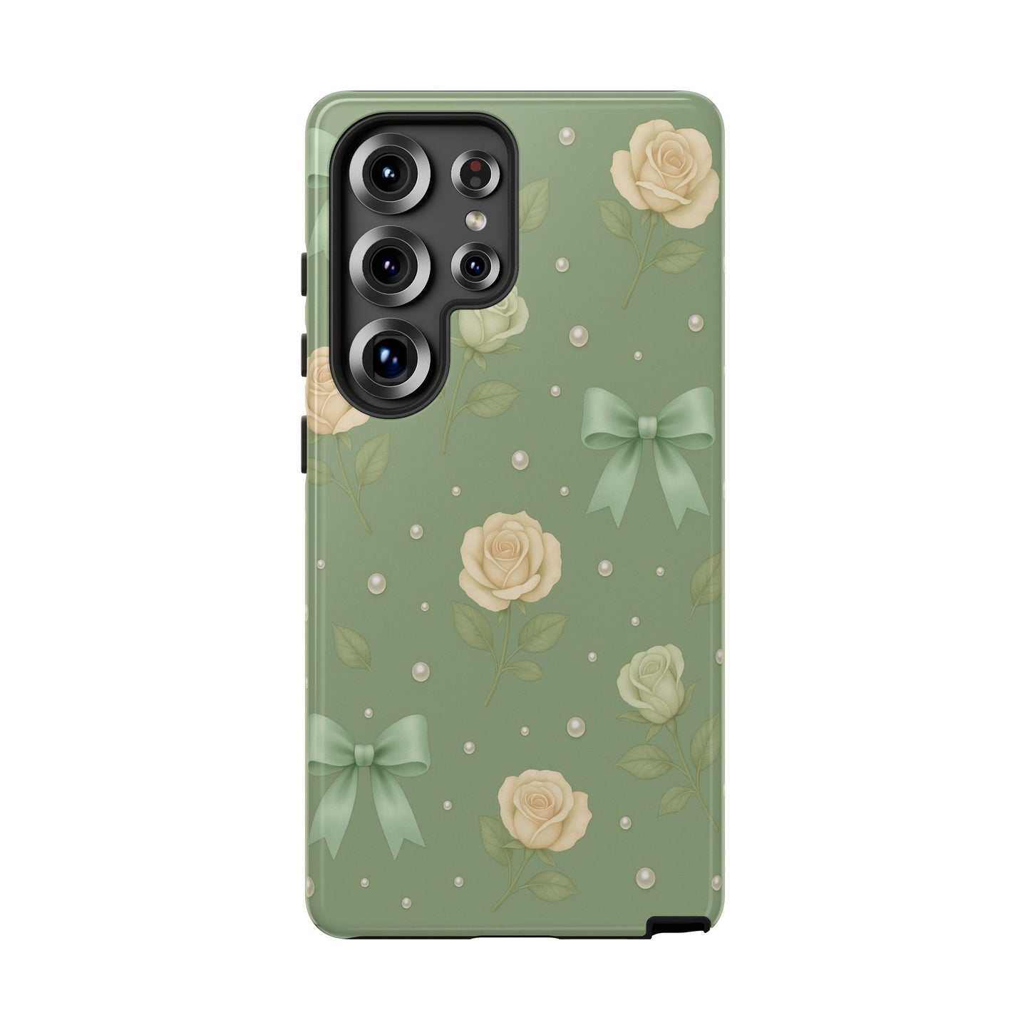 Vintage Rose Bow Phone Case – Sage Green Floral Coquette Aesthetic Tough Case (iPhone, Samsung, Pixel)