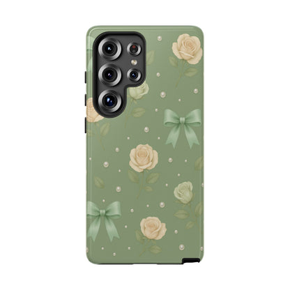 Vintage Rose Bow Phone Case – Sage Green Floral Coquette Aesthetic Tough Case (iPhone, Samsung, Pixel)