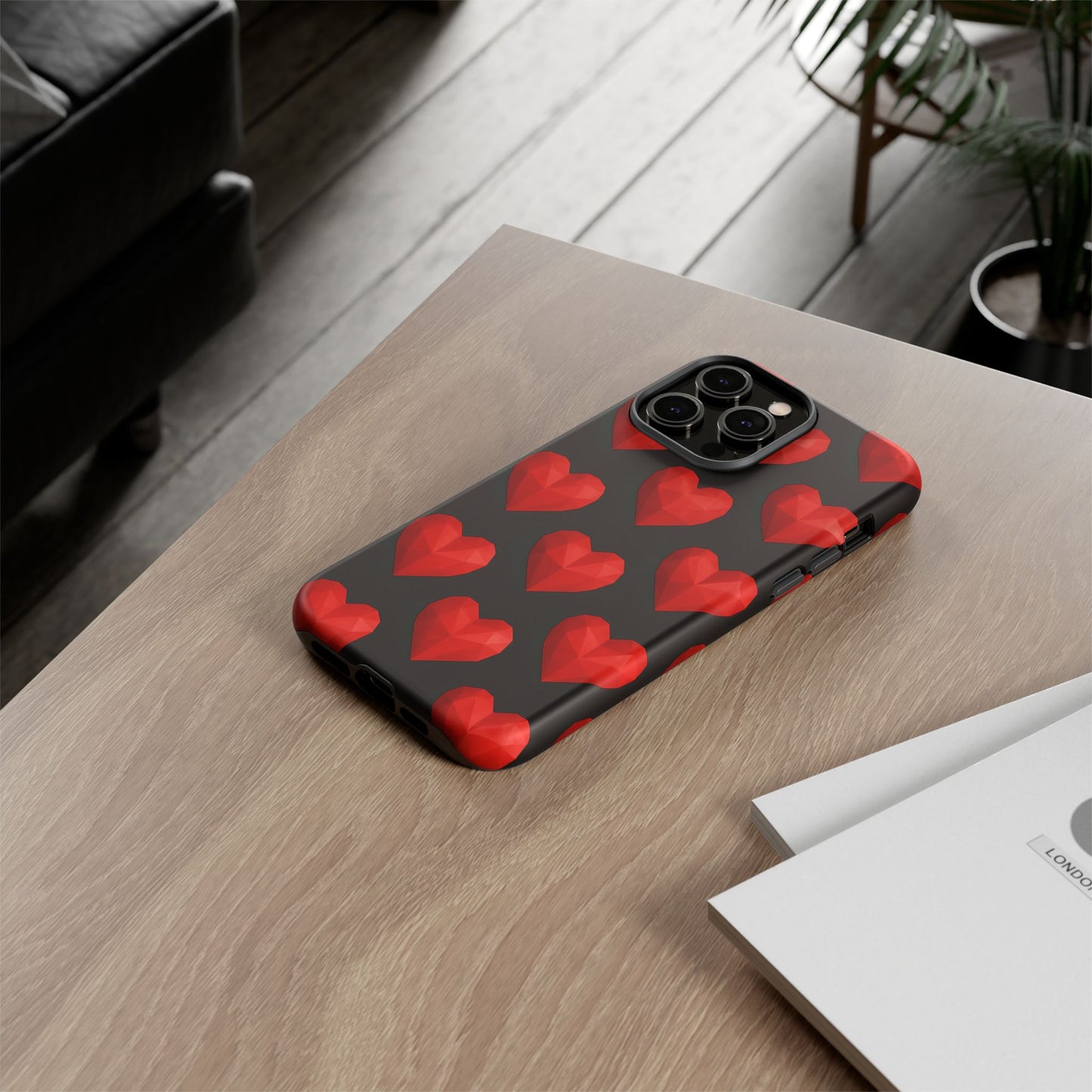 Red Heart Phone Case – Geometric Heart Pattern Tough Case (Black)