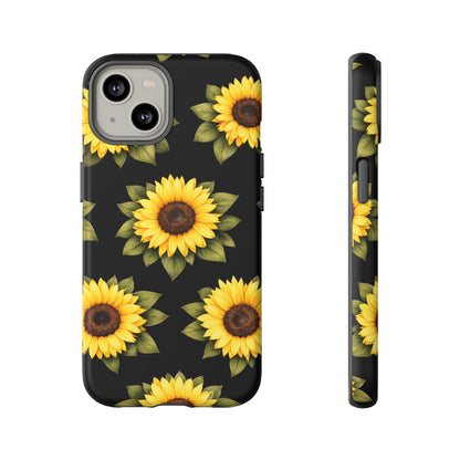 Sunflower Floral Tough Phone Case – Black Background Protective Cover for Iphone, Samsung Galaxy and Pixel
