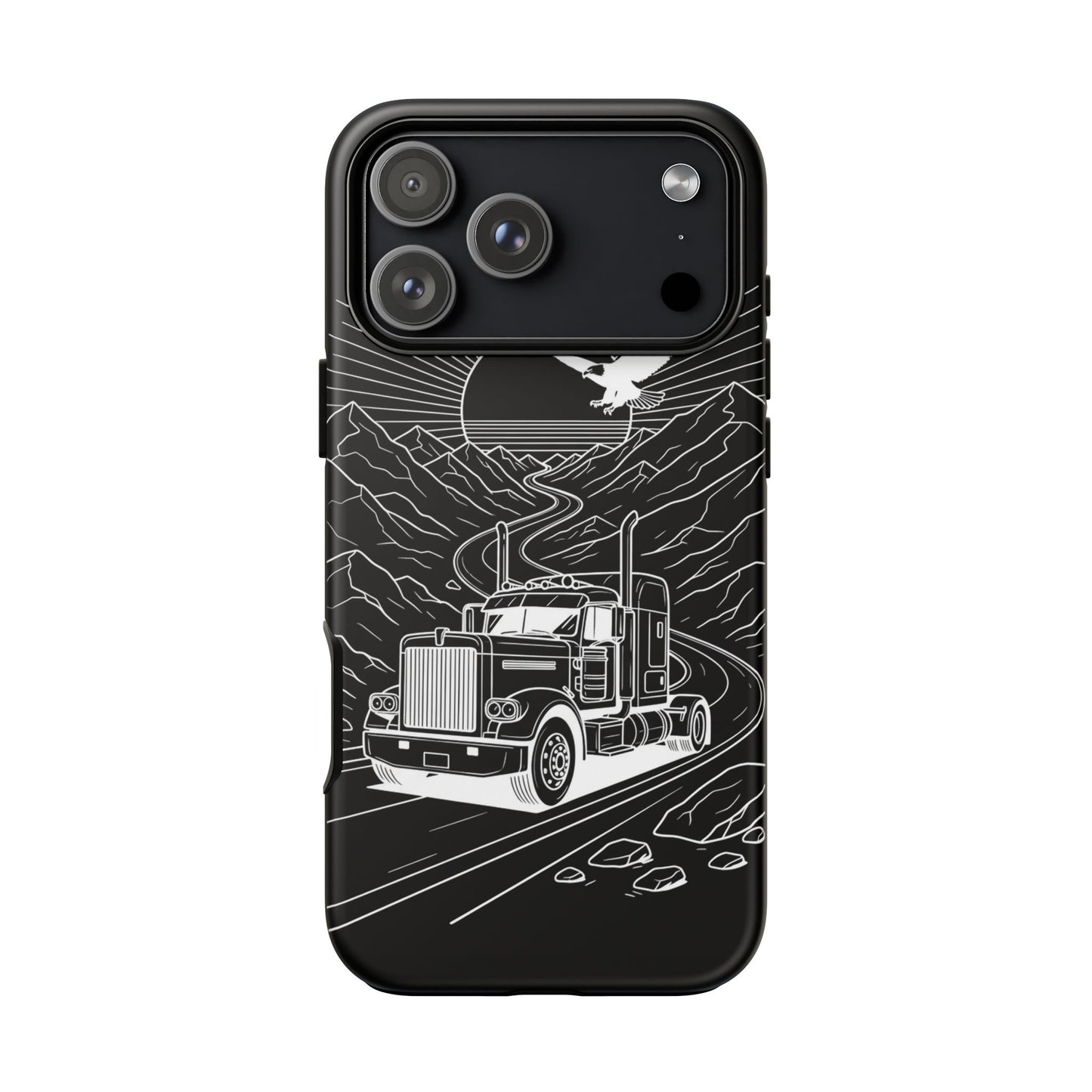 Trucker Highway Phone Case | Eagle & Mountain Line Art | Black Western Tough Case