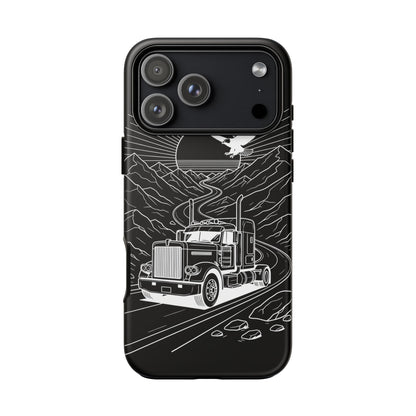 Trucker Highway Phone Case | Eagle & Mountain Line Art | Black Western Tough Case