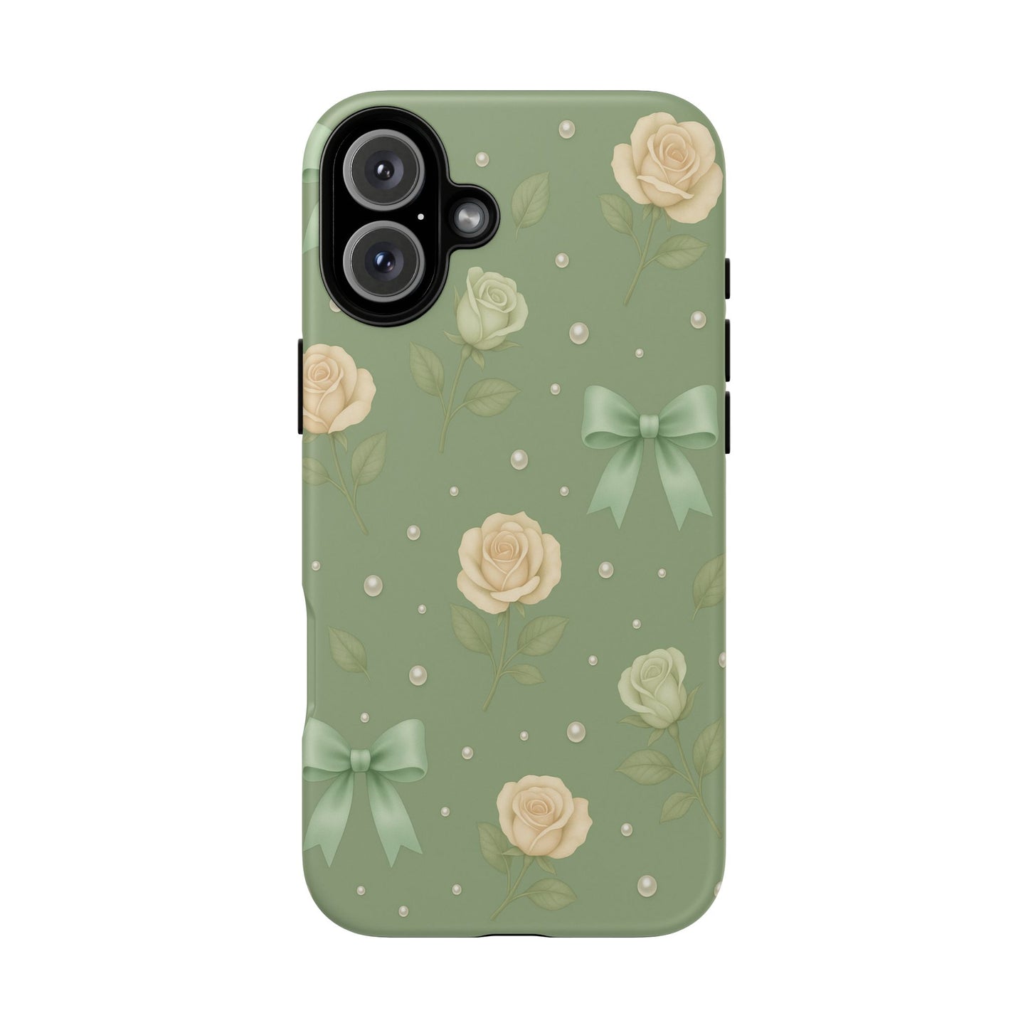 Vintage Rose Bow Phone Case – Sage Green Floral Coquette Aesthetic Tough Case (iPhone, Samsung, Pixel)