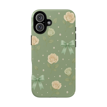 Vintage Rose Bow Phone Case – Sage Green Floral Coquette Aesthetic Tough Case (iPhone, Samsung, Pixel)