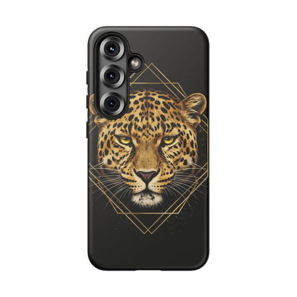 Leopard Head Geometric Phone Case – Black & Gold Luxe Tough Case
