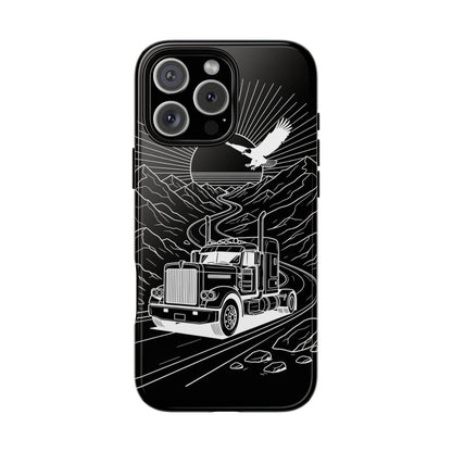 Trucker Highway Phone Case | Eagle & Mountain Line Art | Black Western Tough Case