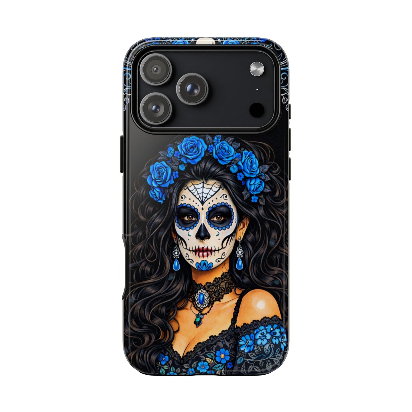 Blue Sugar Skull Woman Phone Case – Day of the Dead Aesthetic Tough Cover