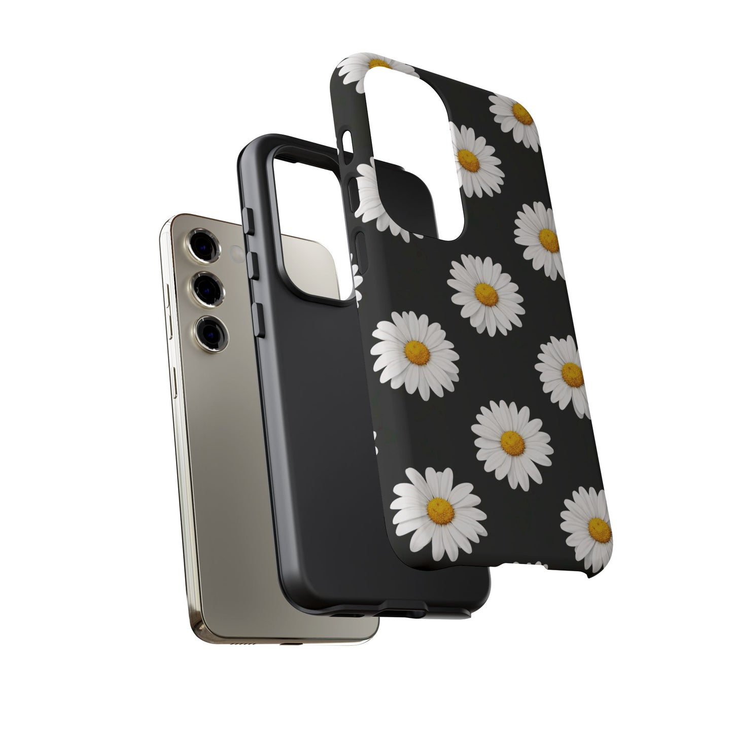 Black Daisy Floral Tough Phone Case – Cute Protective Cover for Iphone, Samsung Galaxy and Pixel