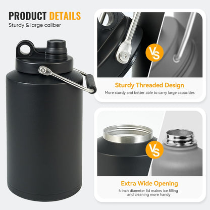 Insulated Jug with Handle, One Gallon, 128Oz Stainless Steel, Large Double Vacuum Water Bottle for Hot & Cold Drinks, Wide Mouth, Sweat Proof, Great for Travel, Hiking & Camping, Black
