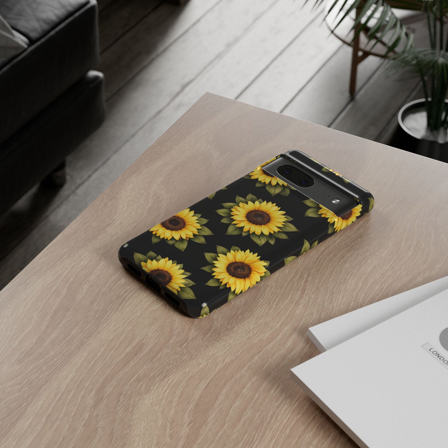 Sunflower Floral Tough Phone Case – Black Background Protective Cover for Iphone, Samsung Galaxy and Pixel