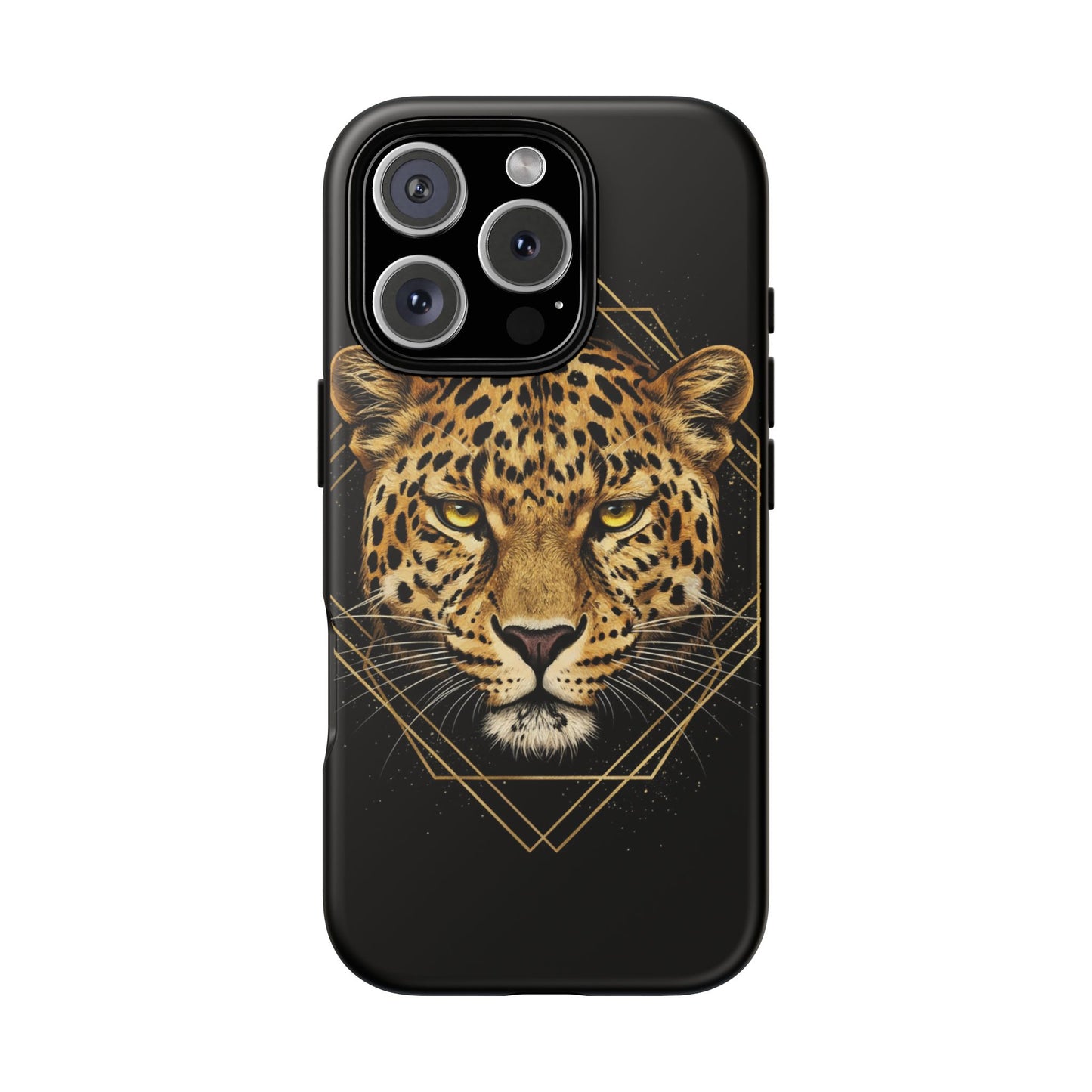 Leopard Head Geometric Phone Case – Black & Gold Luxe Tough Case