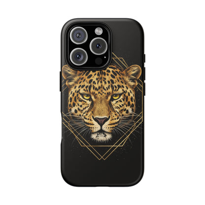 Leopard Head Geometric Phone Case – Black & Gold Luxe Tough Case