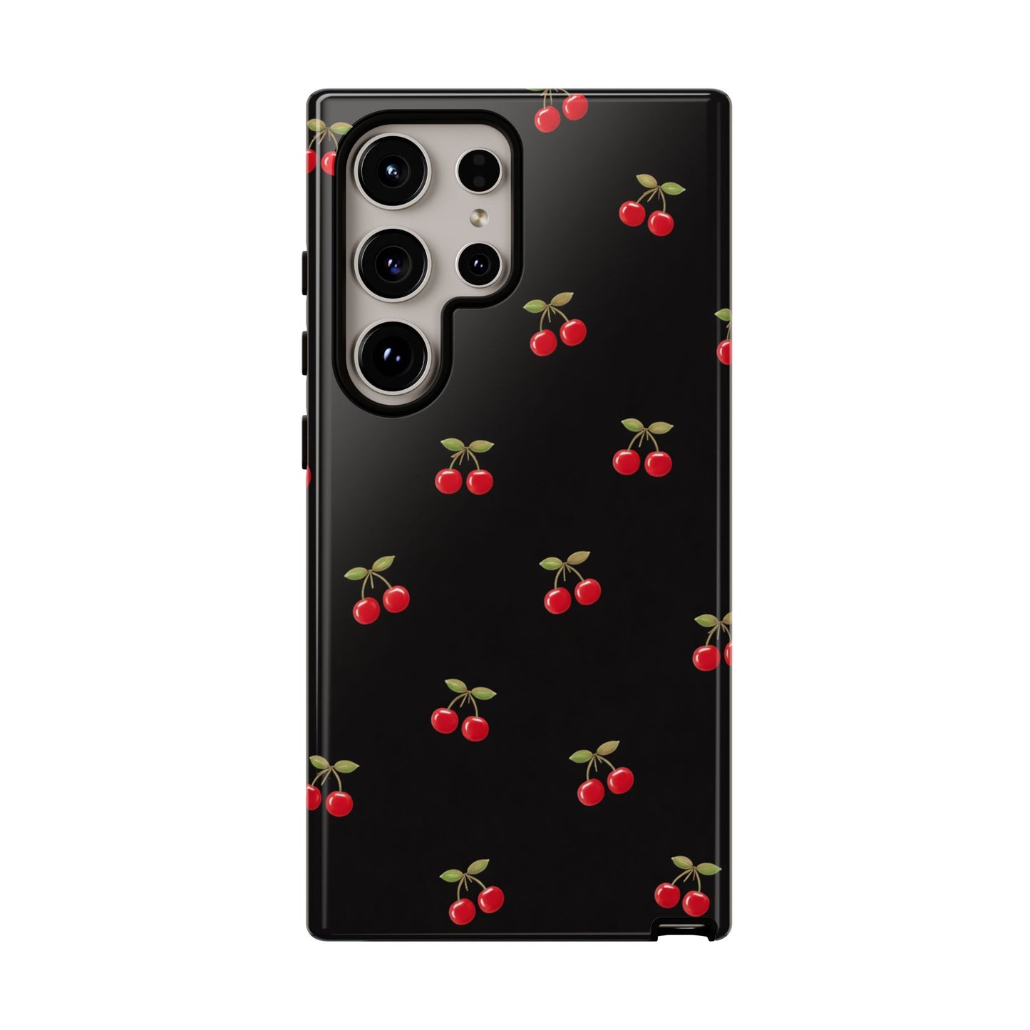 Cherry Pattern Phone Case — Slim Black Protective iPhone Case with Red Cherries for Iphone, Samsung Galaxy and Pixel