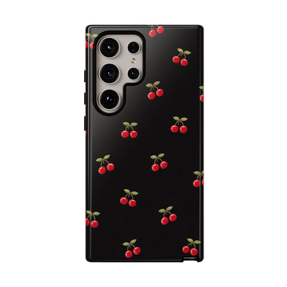 Cherry Pattern Phone Case — Slim Black Protective iPhone Case with Red Cherries for Iphone, Samsung Galaxy and Pixel