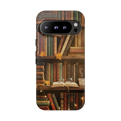 Cozy Vintage Bookshelf Phone Case, Library Aesthetic Book Stack, Autumn Coffee Vibes (iPhone, Samsung, Pixel)