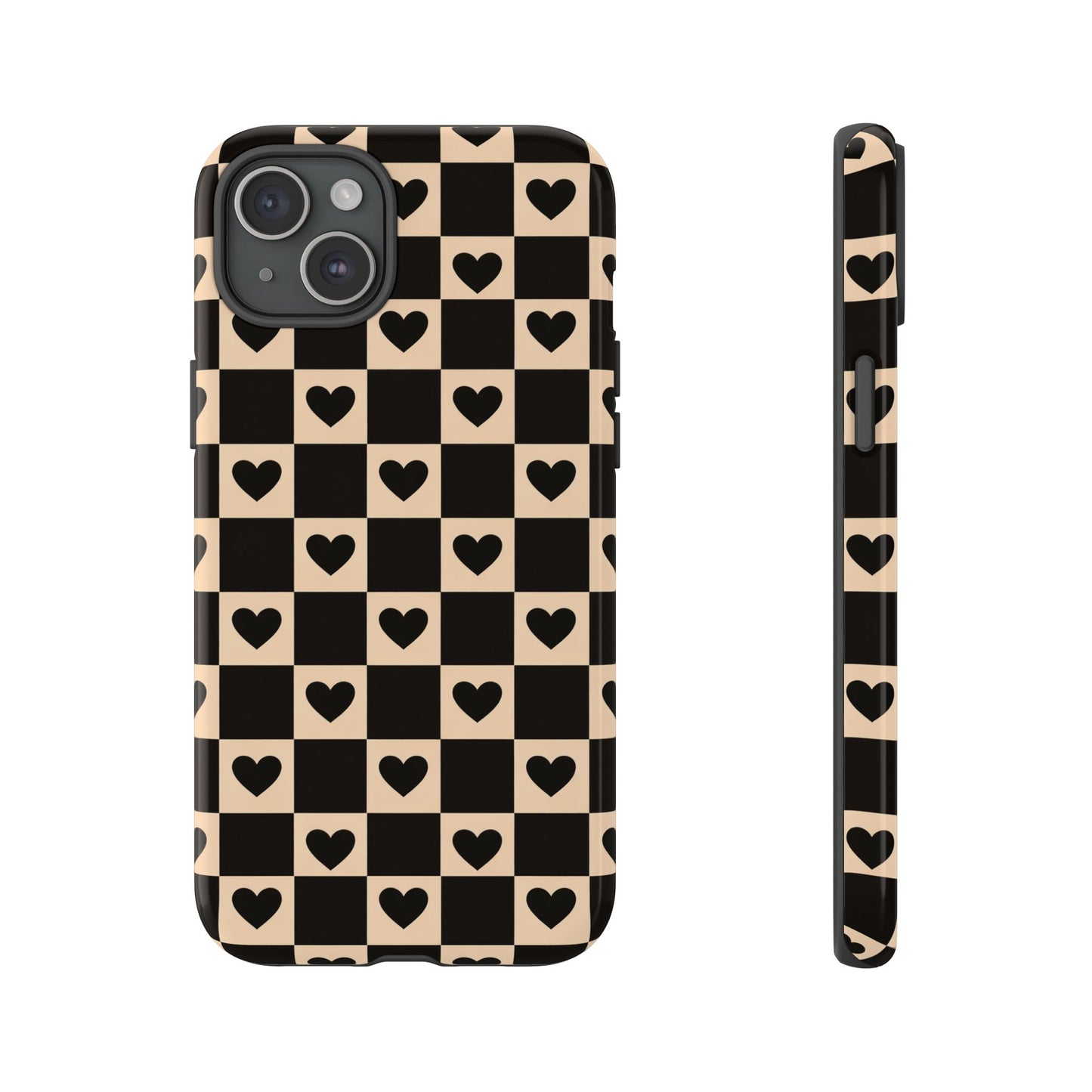 Checkerboard Heart Phone Case – Black & Beige Cute Aesthetic Protective Cover for Iphone, Samsung Galaxy and Pixel