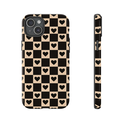 Checkerboard Heart Phone Case – Black & Beige Cute Aesthetic Protective Cover for Iphone, Samsung Galaxy and Pixel