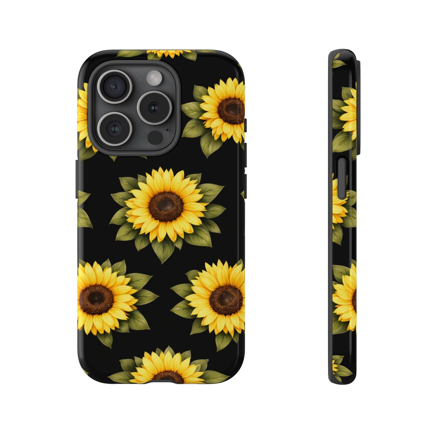 Sunflower Floral Tough Phone Case – Black Background Protective Cover for Iphone, Samsung Galaxy and Pixel
