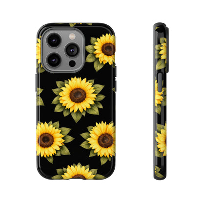 Sunflower Floral Tough Phone Case – Black Background Protective Cover for Iphone, Samsung Galaxy and Pixel