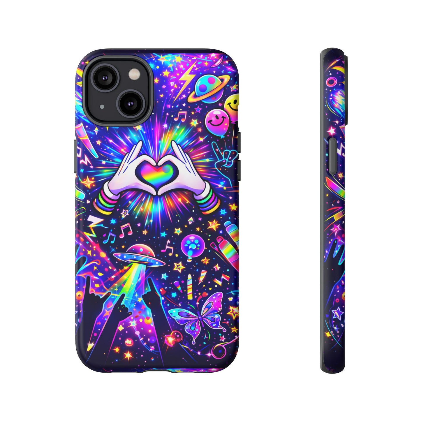 Rainbow Heart Hands Phone Case – Neon Galaxy EDM Festival Tough Cover