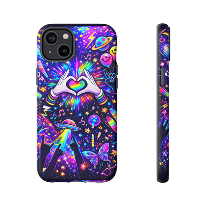 Rainbow Heart Hands Phone Case – Neon Galaxy EDM Festival Tough Cover