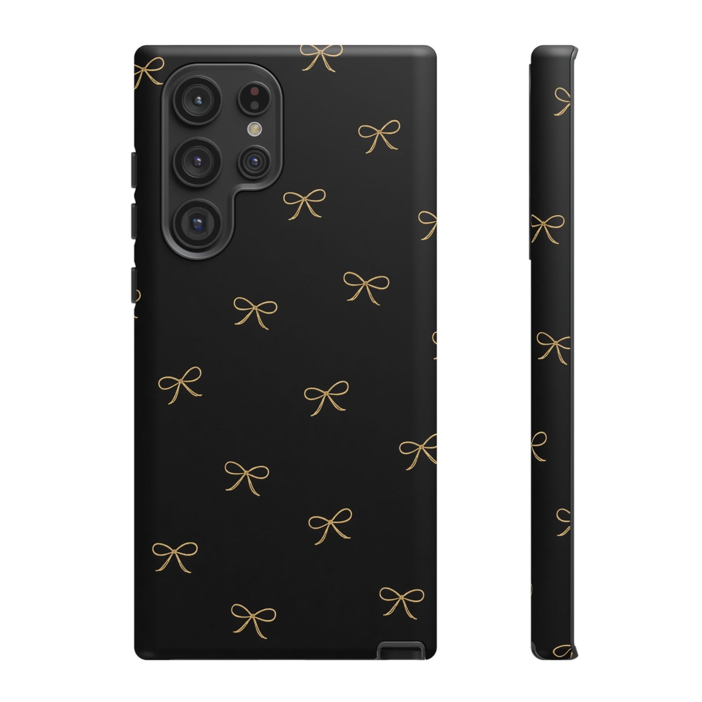 Black Phone Case with Gold Bow Pattern – Slim Protective Cute Aesthetic Cover for Iphone, Samsung Galaxy and Pixel