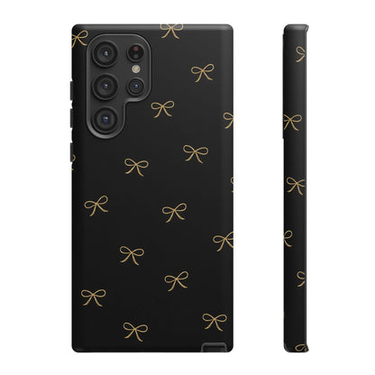 Black Phone Case with Gold Bow Pattern – Slim Protective Cute Aesthetic Cover for Iphone, Samsung Galaxy and Pixel