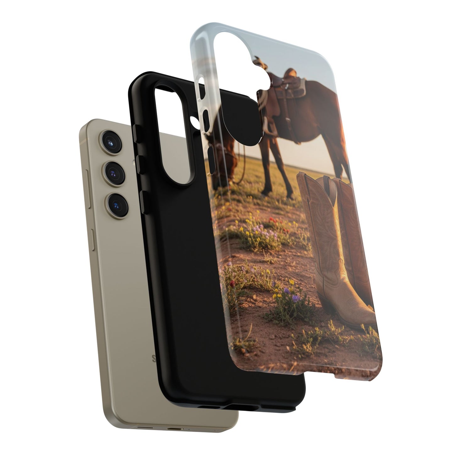 Western Cowboy Boots Phone Case – Rustic Horse Sunset Tough Case (iPhone, Samsung, Pixel)