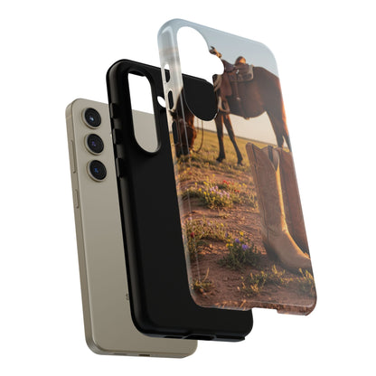 Western Cowboy Boots Phone Case – Rustic Horse Sunset Tough Case (iPhone, Samsung, Pixel)