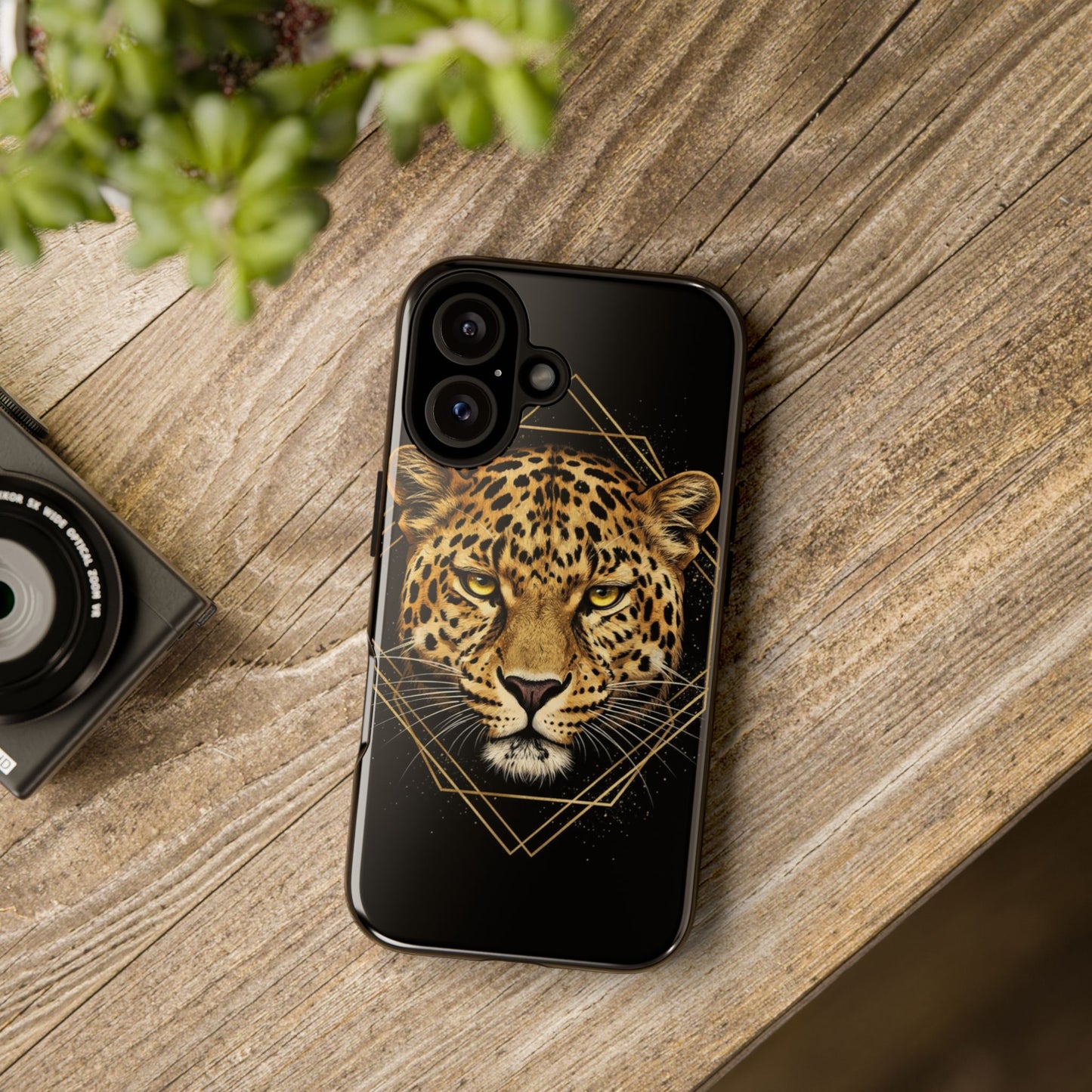 Leopard Head Geometric Phone Case – Black & Gold Luxe Tough Case
