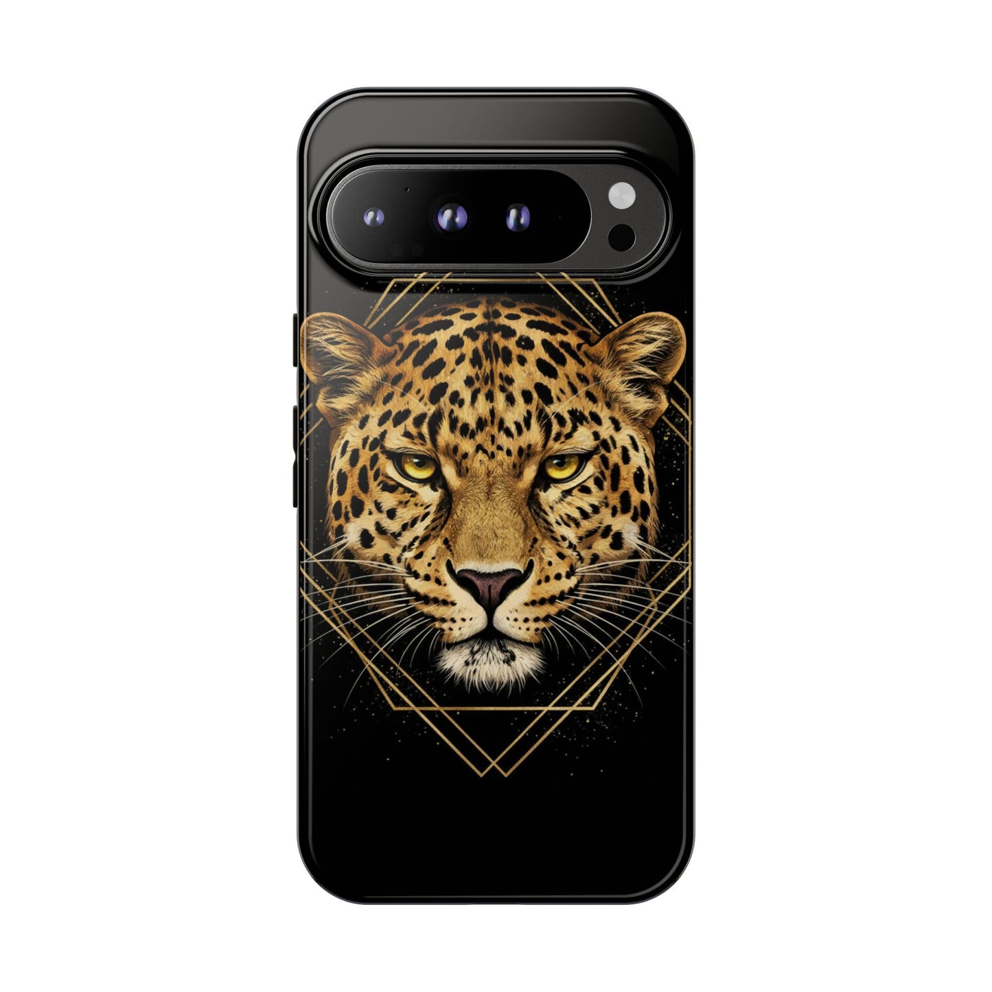 Leopard Head Geometric Phone Case – Black & Gold Luxe Tough Case