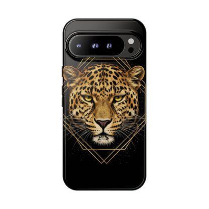 Leopard Head Geometric Phone Case – Black & Gold Luxe Tough Case