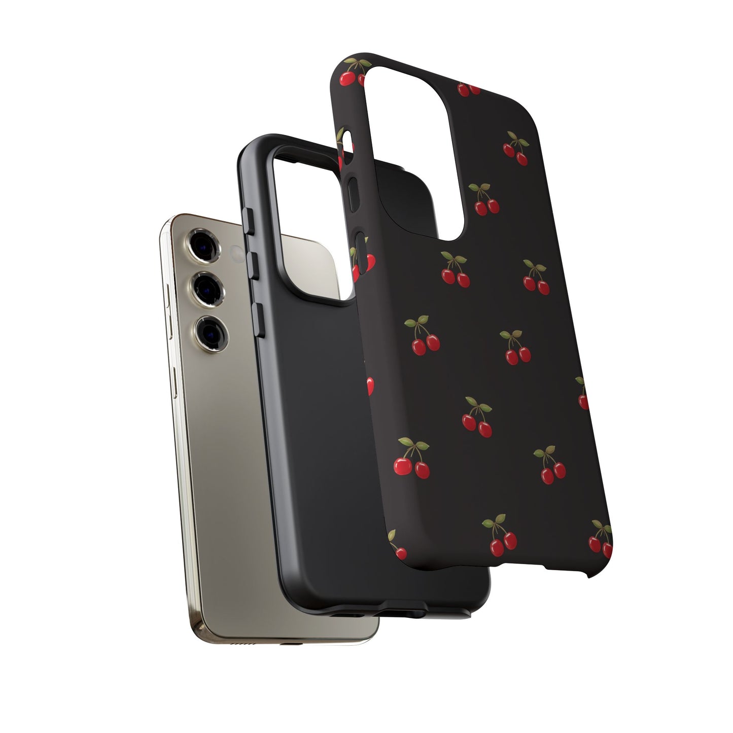 Cherry Pattern Phone Case — Slim Black Protective iPhone Case with Red Cherries for Iphone, Samsung Galaxy and Pixel