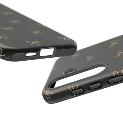 Black Phone Case with Gold Bow Pattern – Slim Protective Cute Aesthetic Cover for Iphone, Samsung Galaxy and Pixel