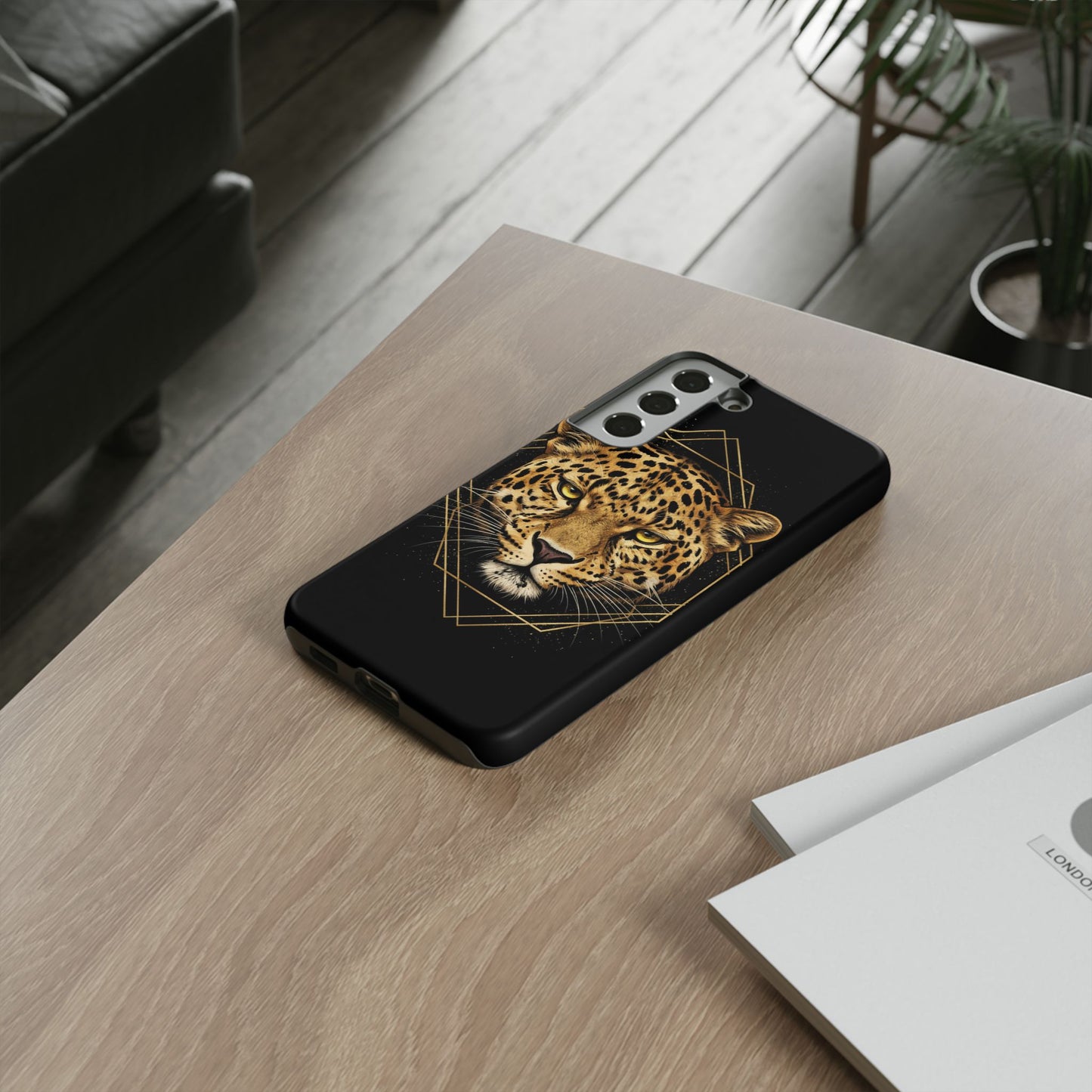 Leopard Head Geometric Phone Case – Black & Gold Luxe Tough Case