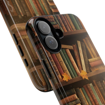 Cozy Vintage Bookshelf Phone Case, Library Aesthetic Book Stack, Autumn Coffee Vibes (iPhone, Samsung, Pixel)