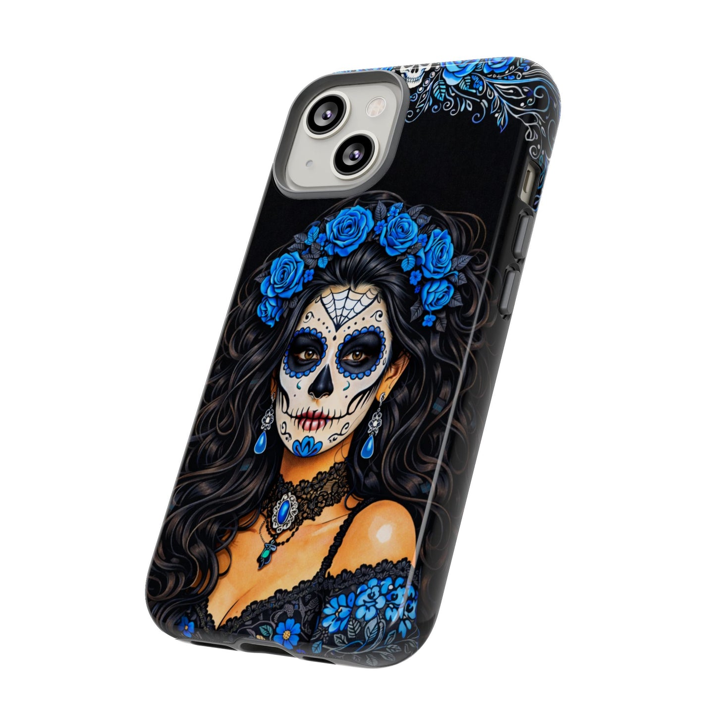 Blue Sugar Skull Woman Phone Case – Day of the Dead Aesthetic Tough Cover