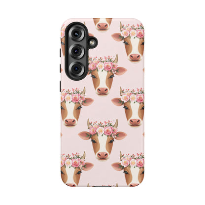 Floral Cow Phone Case – Cute Pink Cow Print Tough Protective Case for Iphone, Samsung Galaxy and Pixel