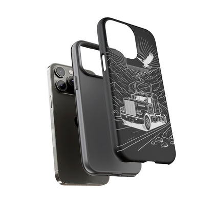 Trucker Highway Phone Case | Eagle & Mountain Line Art | Black Western Tough Case