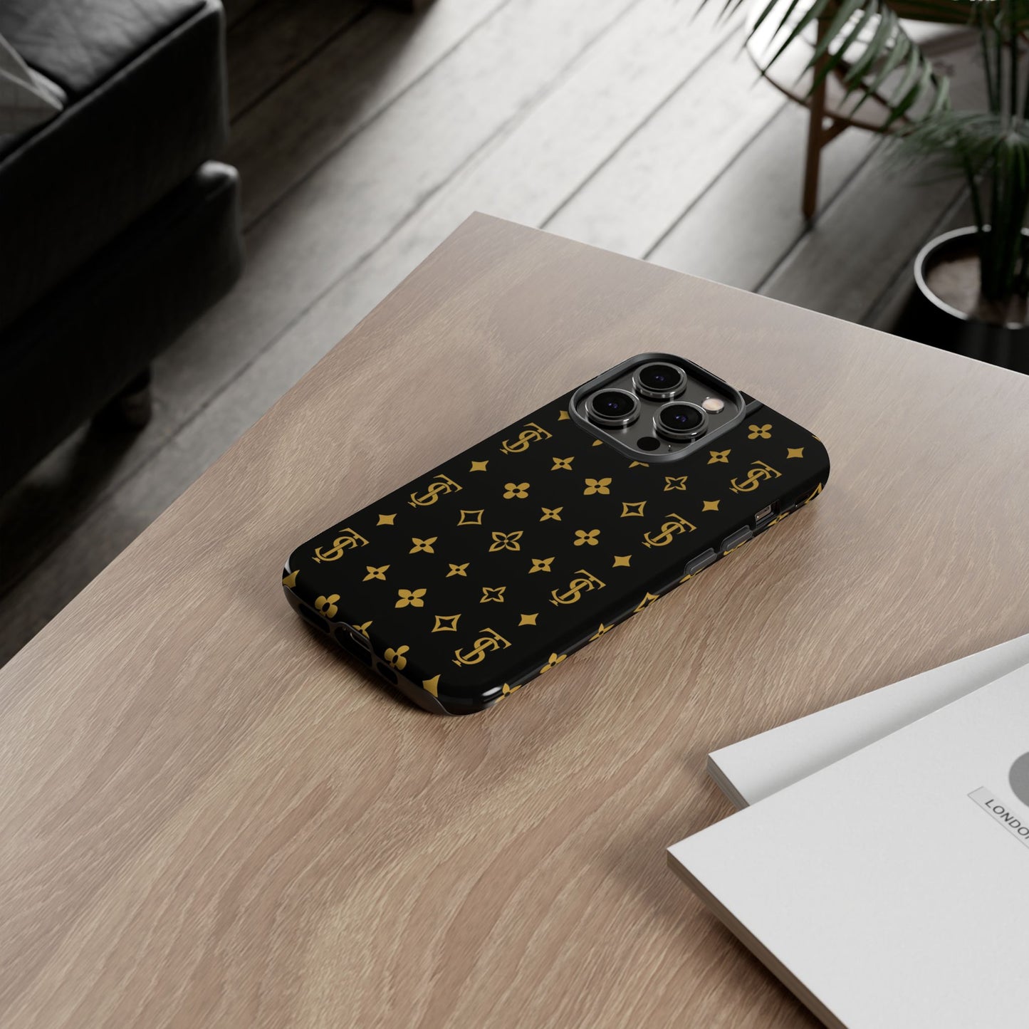 Gold Monogram Pattern Tough Phone Case | Black & Gold Luxury Design for Iphone, Samsung Galaxy and Pixel