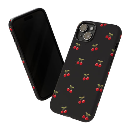 Cherry Pattern Phone Case — Slim Black Protective iPhone Case with Red Cherries for Iphone, Samsung Galaxy and Pixel