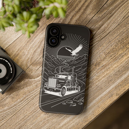 Trucker Highway Phone Case | Eagle & Mountain Line Art | Black Western Tough Case