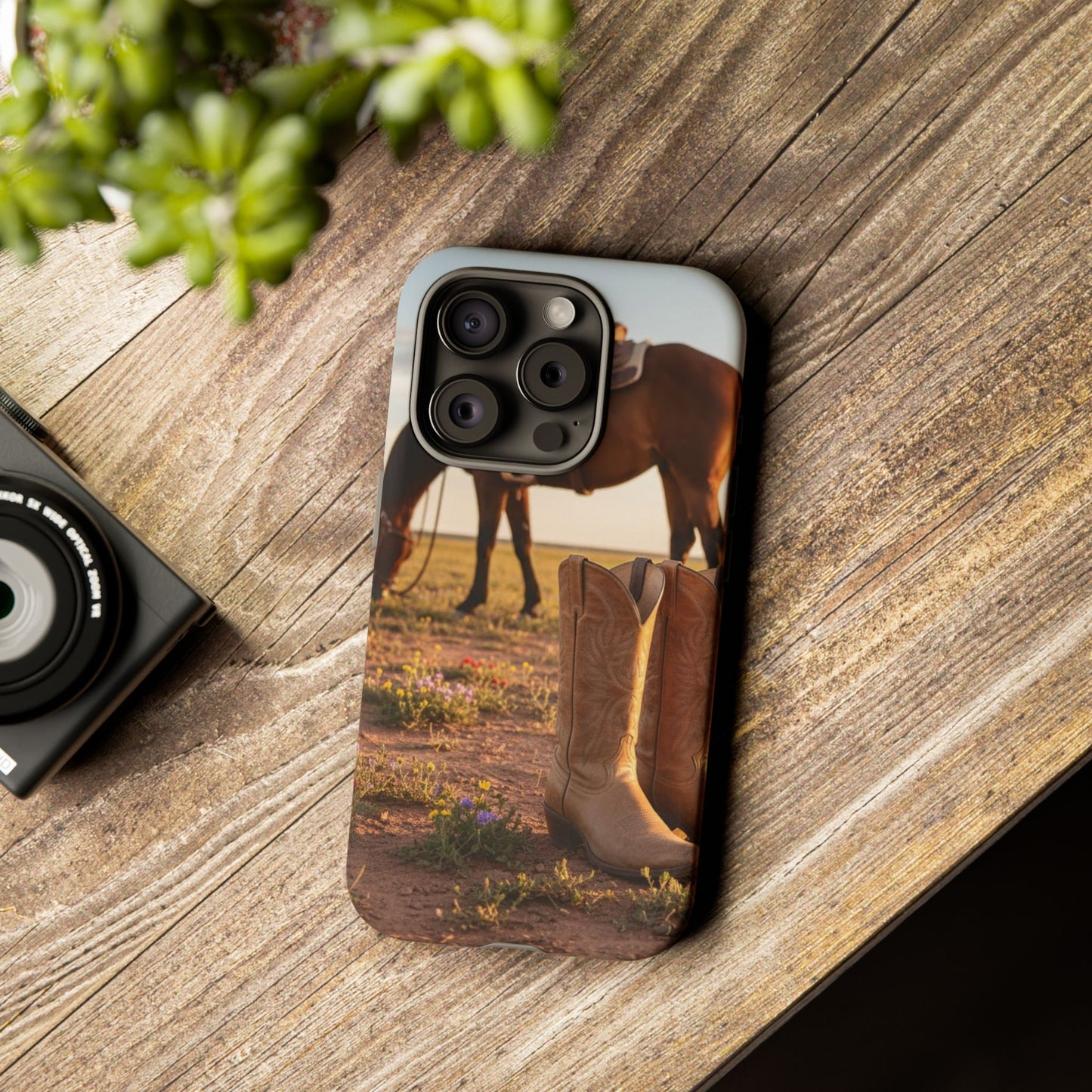 Western Cowboy Boots Phone Case – Rustic Horse Sunset Tough Case (iPhone, Samsung, Pixel)