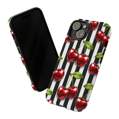 Cherry Pattern Phone Case Black White Stripe Retro Aesthetic Tough Cover