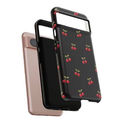 Cherry Pattern Phone Case — Slim Black Protective iPhone Case with Red Cherries for Iphone, Samsung Galaxy and Pixel