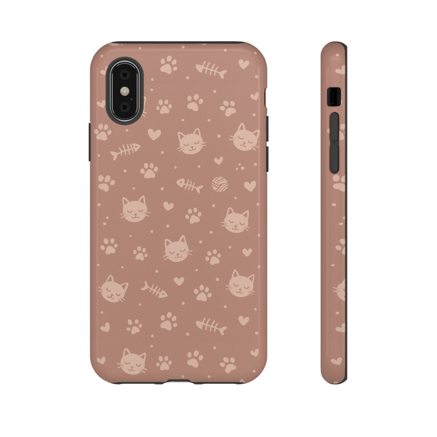 Cute Cat Pattern Phone Case | Paw Prints, Fishbone & Yarn Design Tough Case
