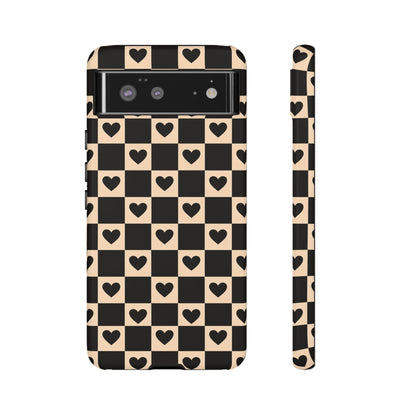 Checkerboard Heart Phone Case – Black & Beige Cute Aesthetic Protective Cover for Iphone, Samsung Galaxy and Pixel