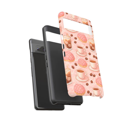 Cute Coffee & Pink Concha Phone Case – Coffee Lover Aesthetic Latte Pattern Tough Case