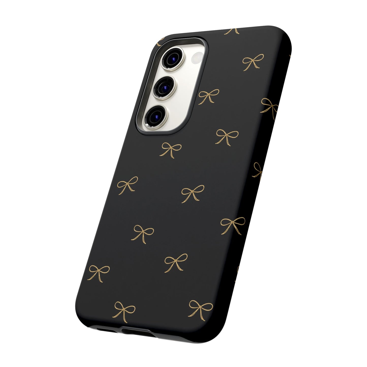 Black Phone Case with Gold Bow Pattern – Slim Protective Cute Aesthetic Cover for Iphone, Samsung Galaxy and Pixel
