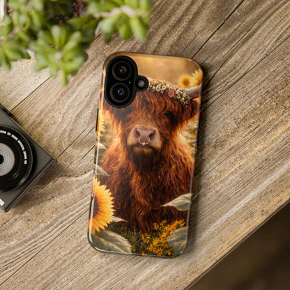 Highland Cow Sunflower Phone Case | Floral Farmhouse iPhone, Samsung Galaxy and Pixel Cover